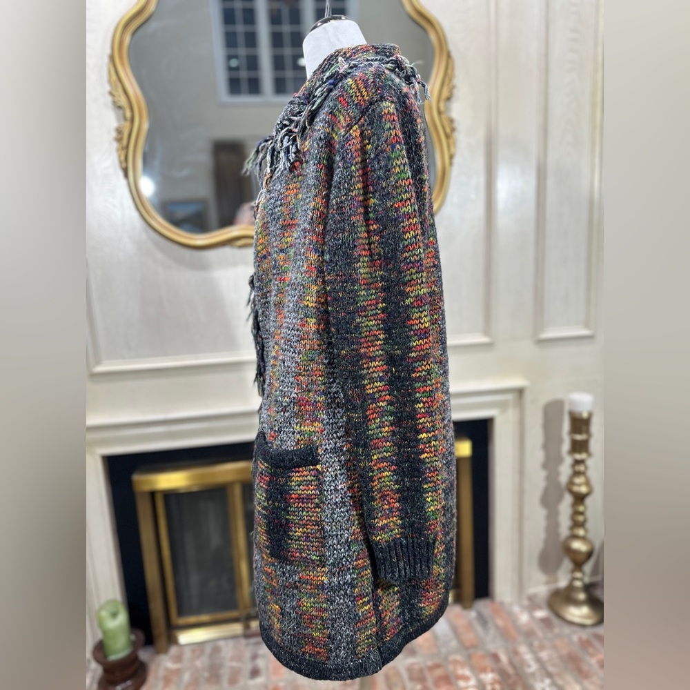 Esqualo Multicolor Knit Fringe Open Front Cardigan Sweater‎ Pockets M - Picture 4 of 12